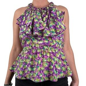 Odille Anthropologie 100% Silk Floral Ruffle Blouse Sleeveless Girly‎ Coquette